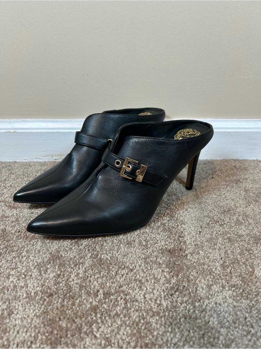 Vince Camuto Black Leather Pointed Mule Heels with Gold Buckle